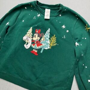 Disney Minnie Mouse Christmas Sweatshirt Green Tree Snowflakes Holiday Top L